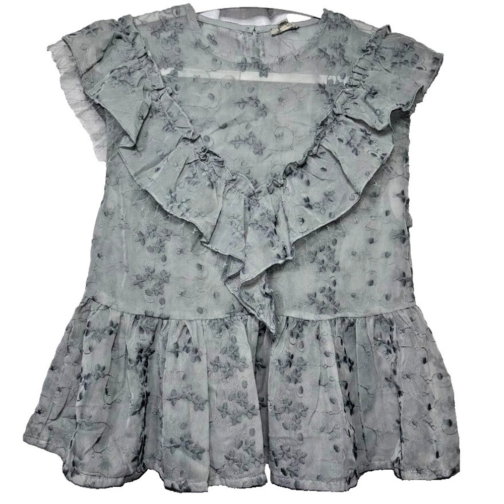 Pol Sheer Embroidered Floral Ruffle Peplum Blouse Grey Blue‎ Sleeveless HWT76A S